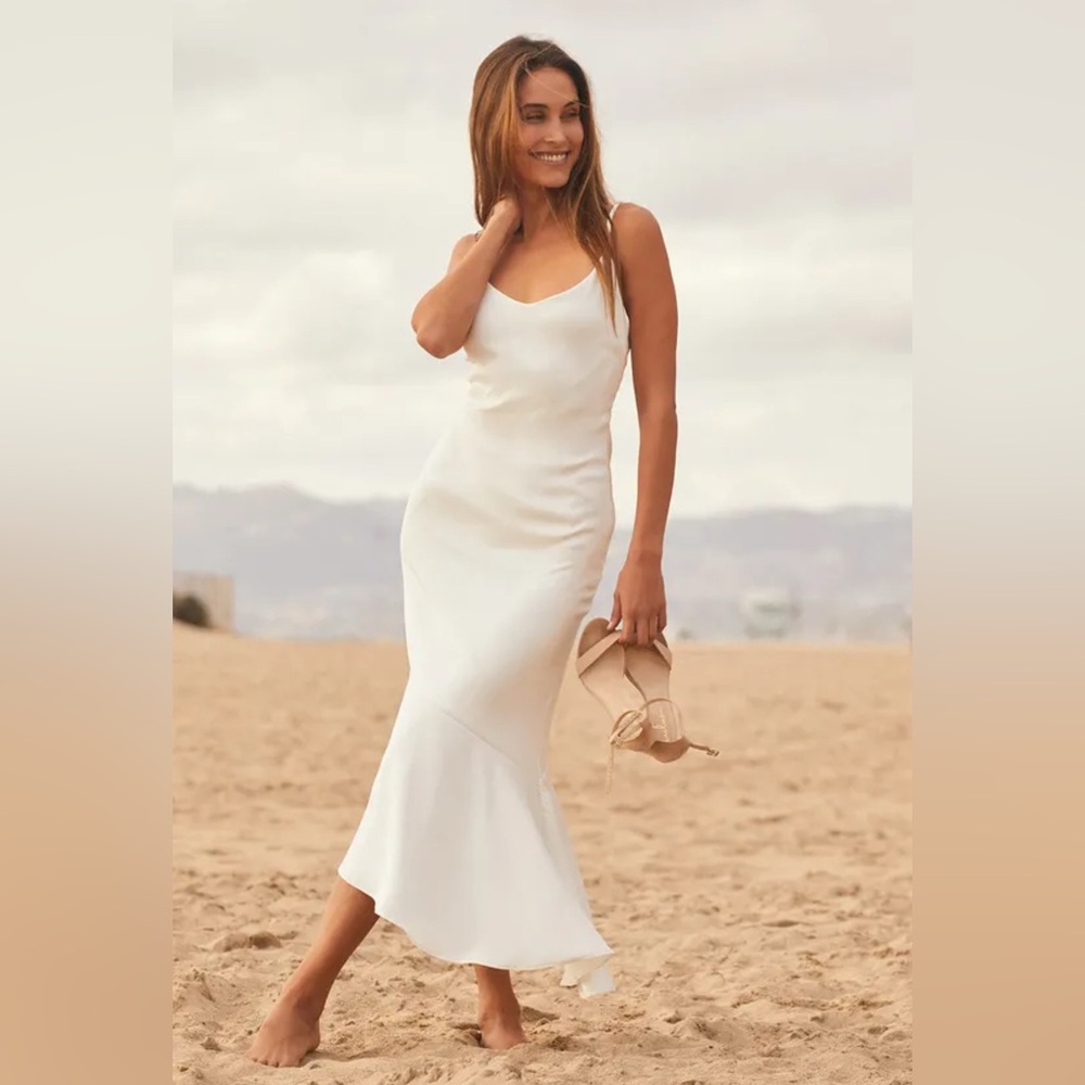 Lulus Strictly Romance White Satin Asymmetrical Tiered Midi Dress - Size S